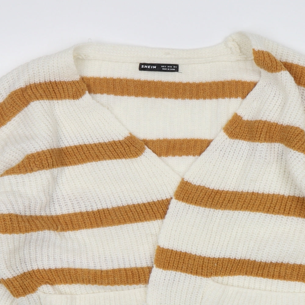 Shein  Womens Multicoloured V-Neck Striped Polyester Cardigan Jumper Size S