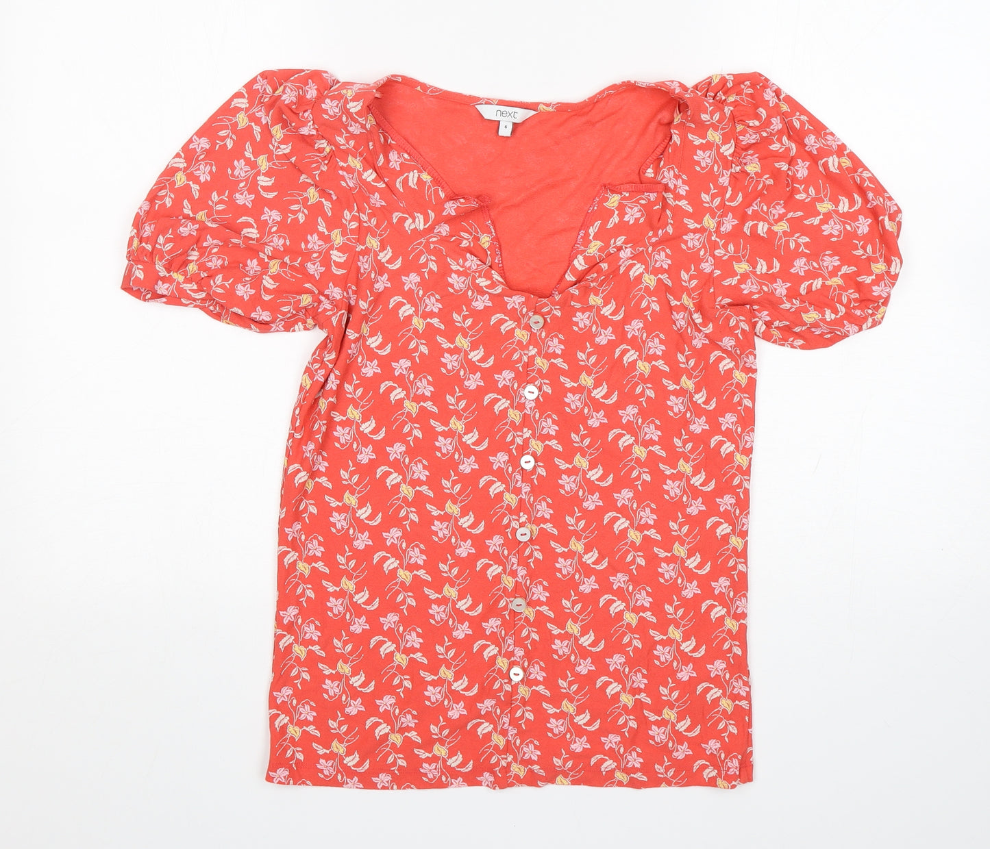 NEXT Womens Orange Floral Viscose Basic T-Shirt Size 6 V-Neck
