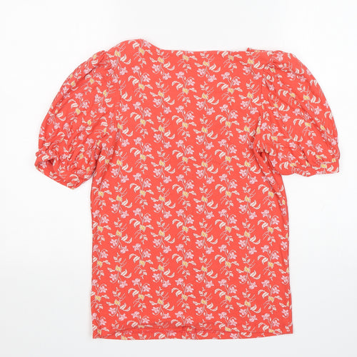 NEXT Womens Orange Floral Viscose Basic T-Shirt Size 6 V-Neck