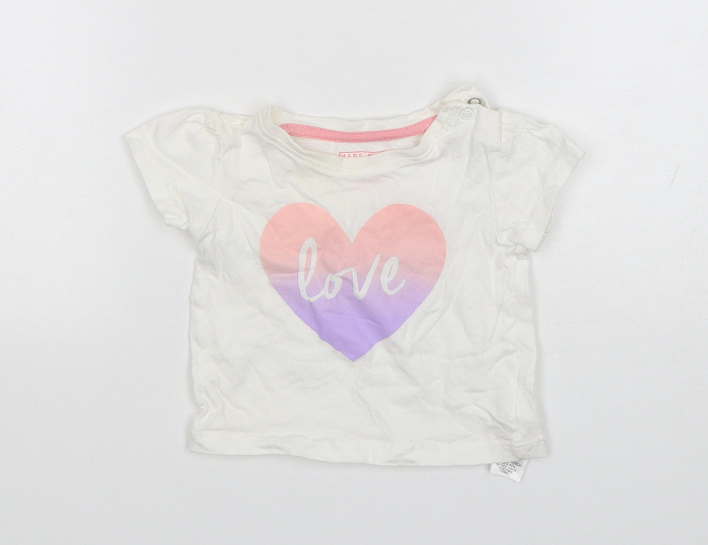 Primark Girls White  Cotton Basic T-Shirt Size 3-6 Months Round Neck
