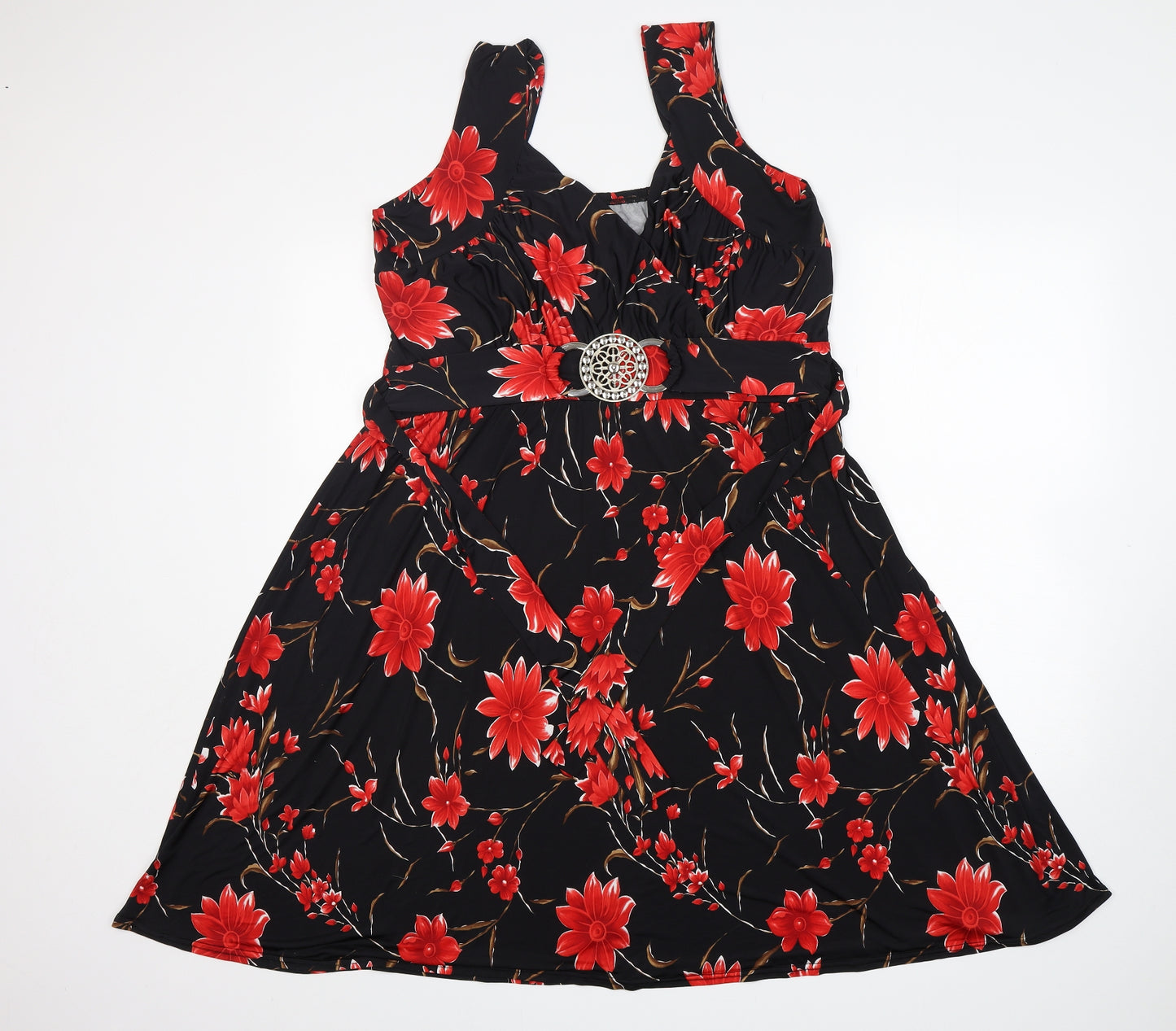 Preworn Womens Black Floral Polyester A-Line  Size 24  V-Neck