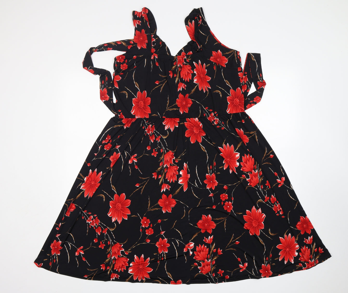 Preworn Womens Black Floral Polyester A-Line  Size 24  V-Neck