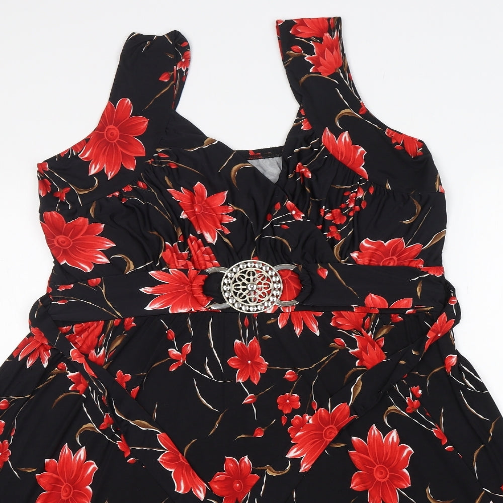 Preworn Womens Black Floral Polyester A-Line  Size 24  V-Neck