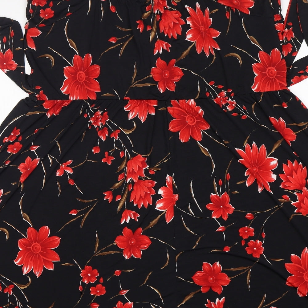 Preworn Womens Black Floral Polyester A-Line  Size 24  V-Neck