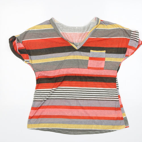 Preworn Womens Multicoloured Striped  Basic T-Shirt Size XL V-Neck