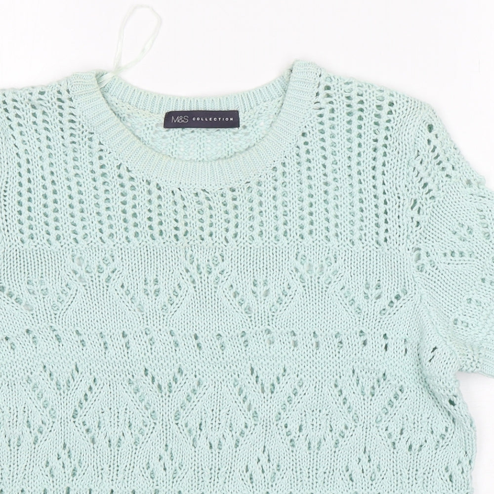 M&S Womens Green Round Neck  Cotton Pullover Jumper Size 16