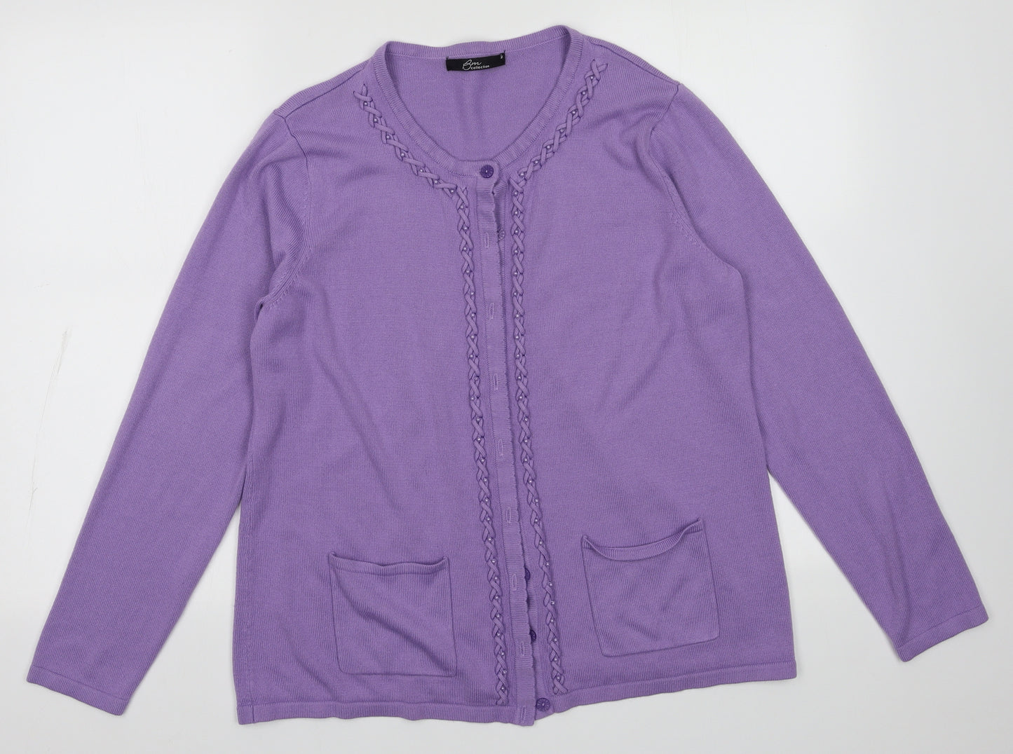 BM collection Womens Purple Crew Neck Fair Isle Acrylic Cardigan Jumper Size M