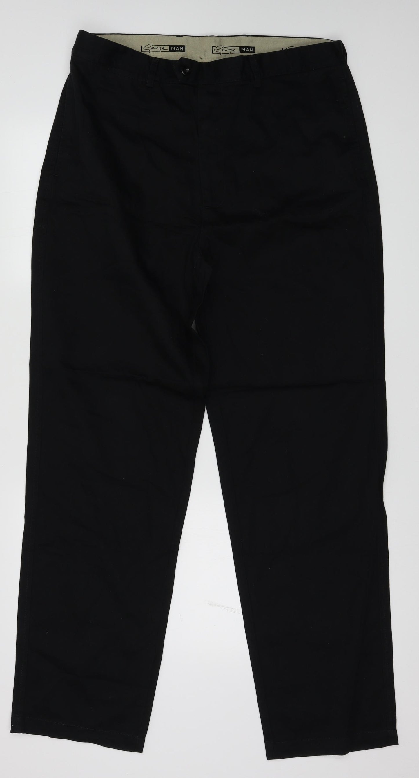 George Mens Black  Cotton Chino Trousers Size 36 L33 in Regular Button