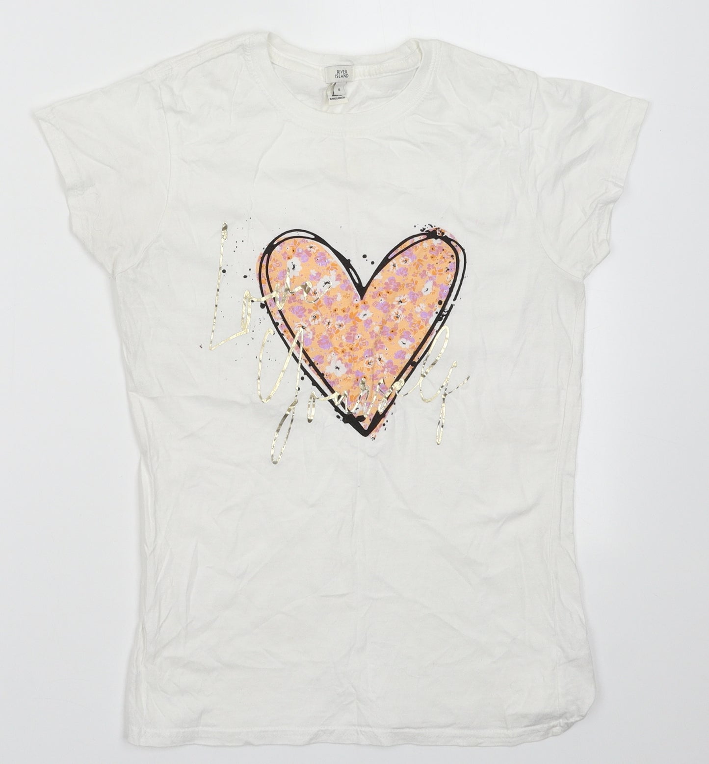 River Island Womens White  Cotton Basic T-Shirt Size 8 Crew Neck - heart print