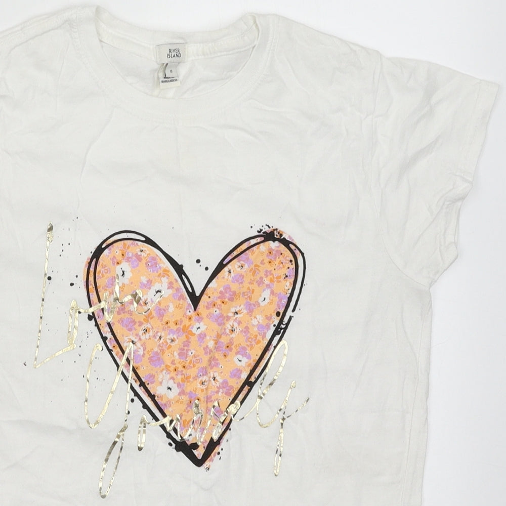River Island Womens White  Cotton Basic T-Shirt Size 8 Crew Neck - heart print
