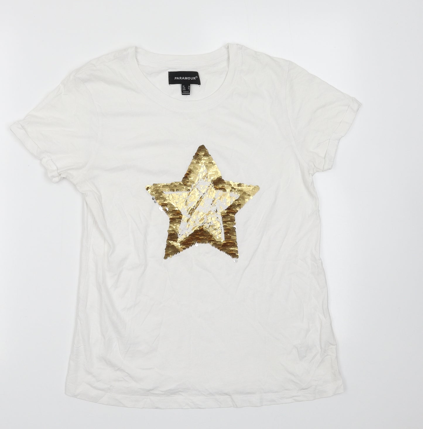 Paramour Womens White  Cotton Basic T-Shirt Size 10 Crew Neck - Star Print