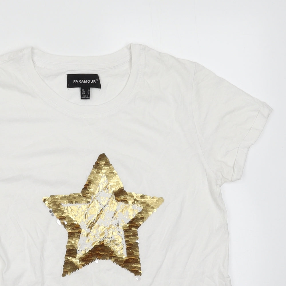 Paramour Womens White  Cotton Basic T-Shirt Size 10 Crew Neck - Star Print