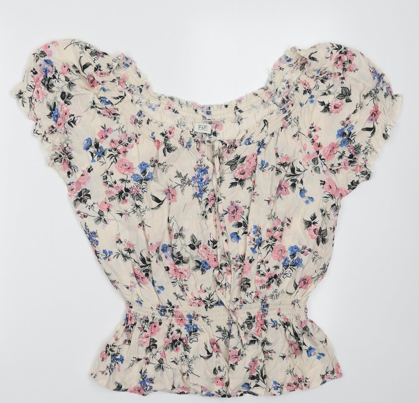 F&F Womens Beige Floral Viscose Basic Blouse Size 16 Scoop Neck