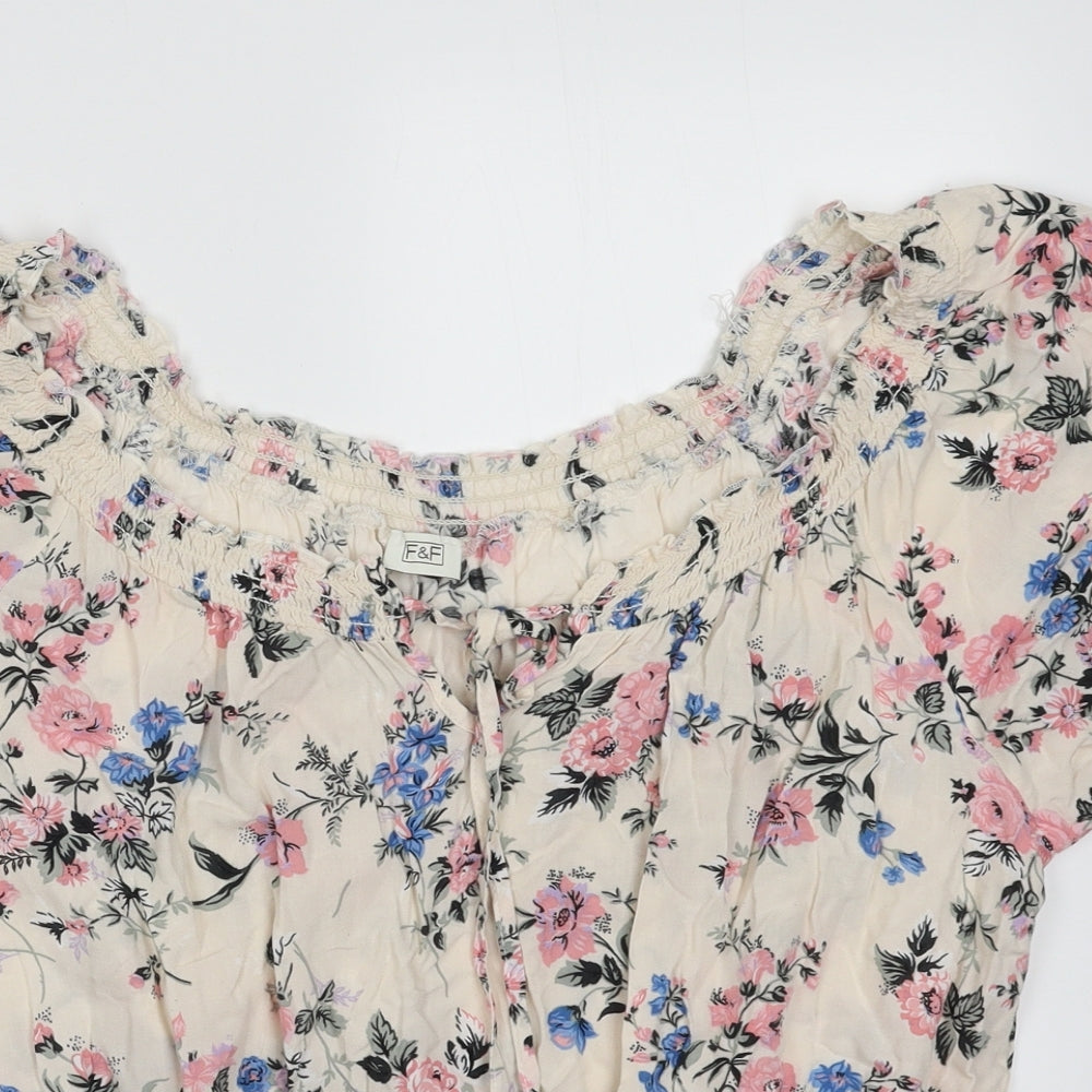 F&F Womens Beige Floral Viscose Basic Blouse Size 16 Scoop Neck