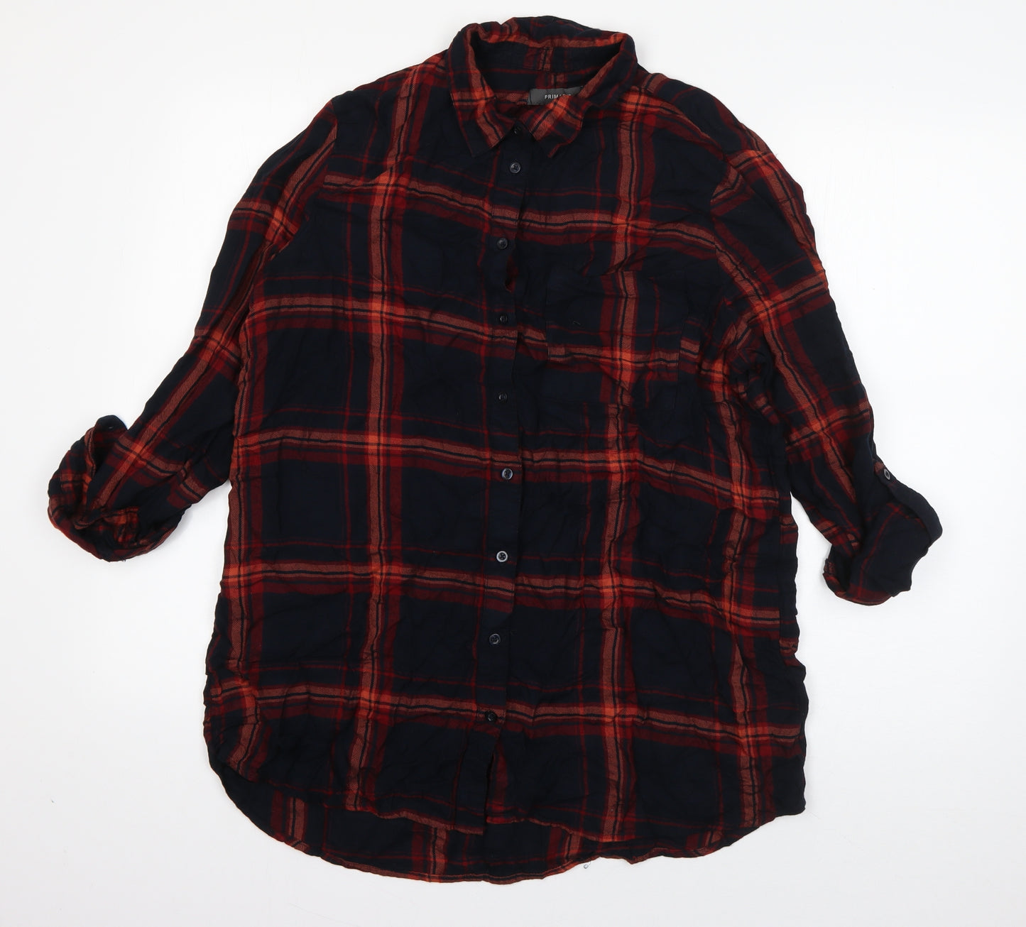 Primark Womens Blue Plaid Viscose Basic Button-Up Size 16 Collared