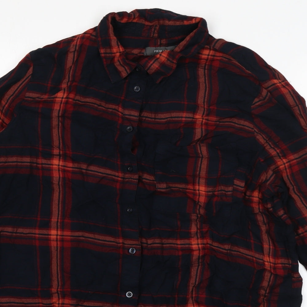 Primark Womens Blue Plaid Viscose Basic Button-Up Size 16 Collared