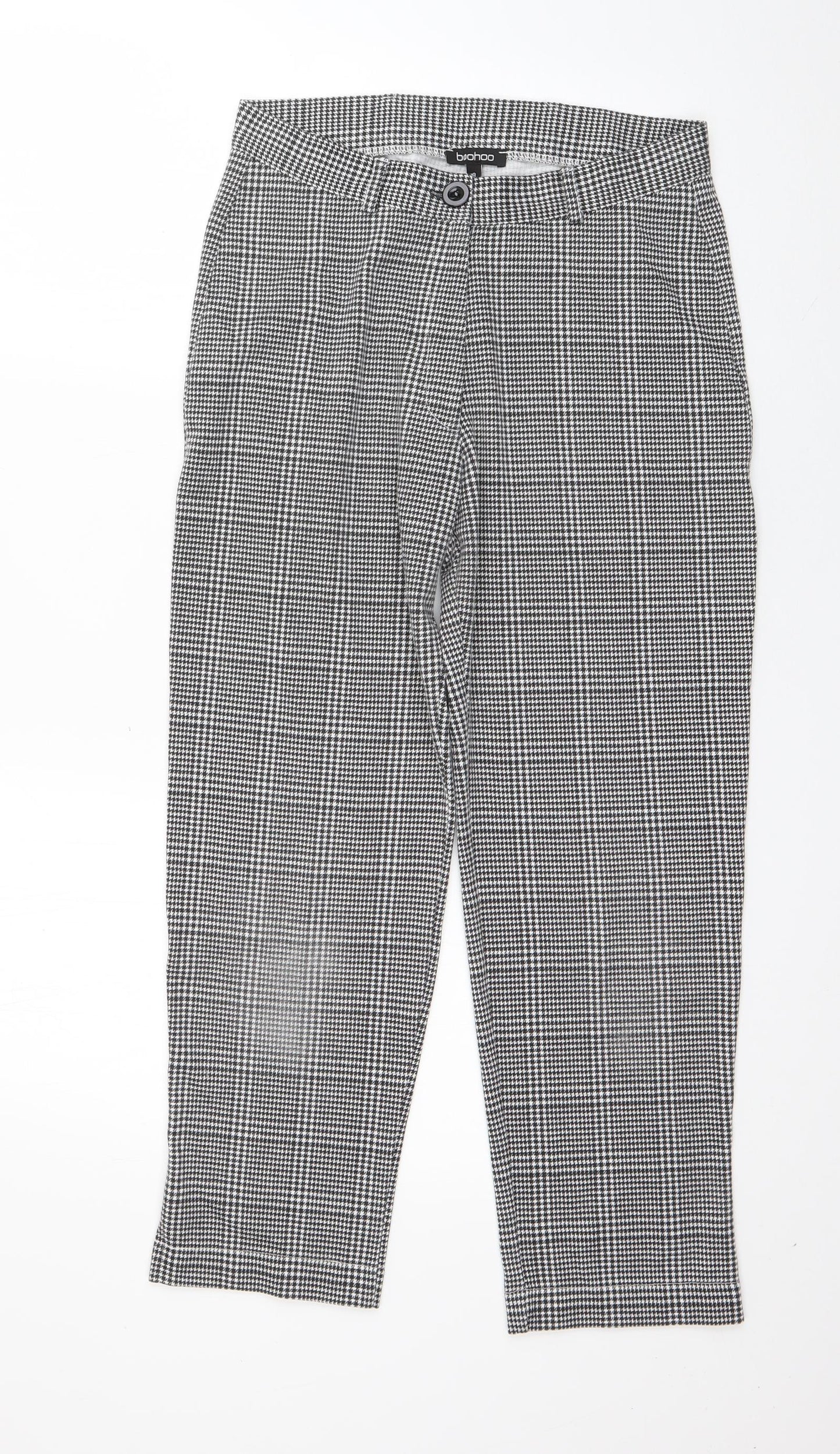 Boohoo Womens Black Houndstooth Polyester Trousers  Size 8 L24 in Regular Zip