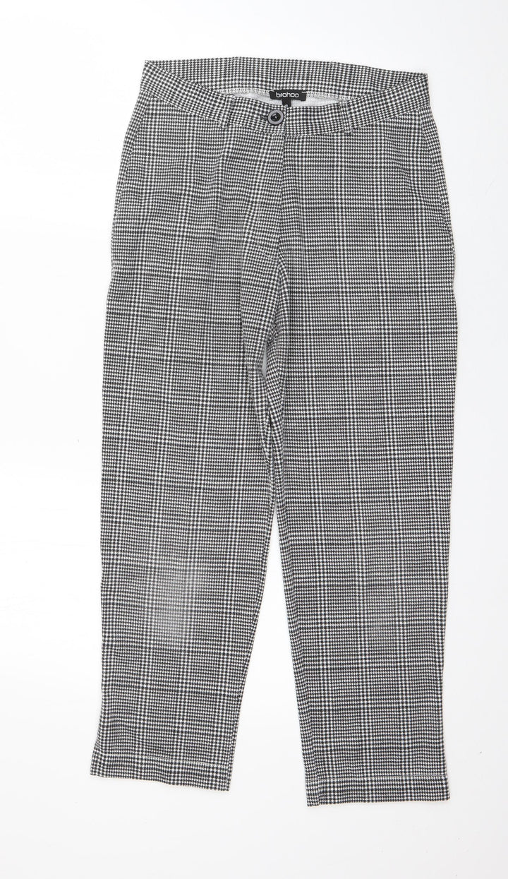 Boohoo Womens Black Houndstooth Polyester Trousers  Size 8 L24 in Regular Zip