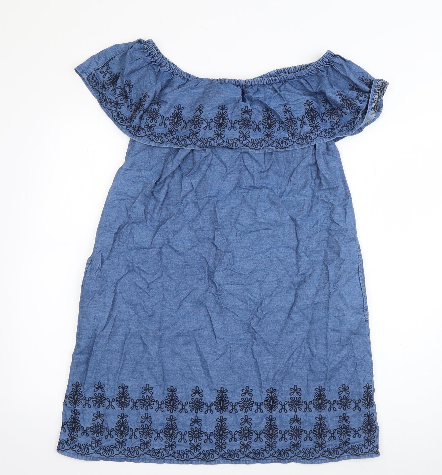 Denim & Co. Womens Blue Floral Cotton A-Line  Size 14  Off the Shoulder Pullover