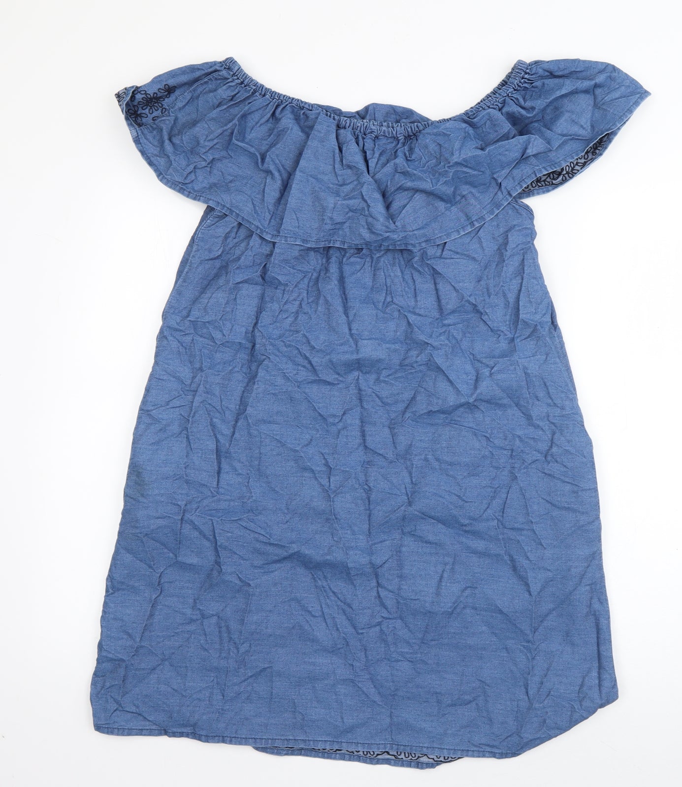 Denim & Co. Womens Blue Floral Cotton A-Line  Size 14  Off the Shoulder Pullover