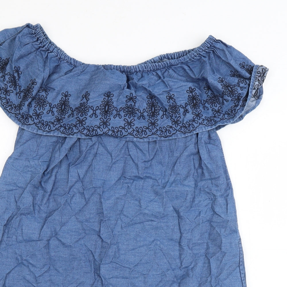 Denim & Co. Womens Blue Floral Cotton A-Line  Size 14  Off the Shoulder Pullover