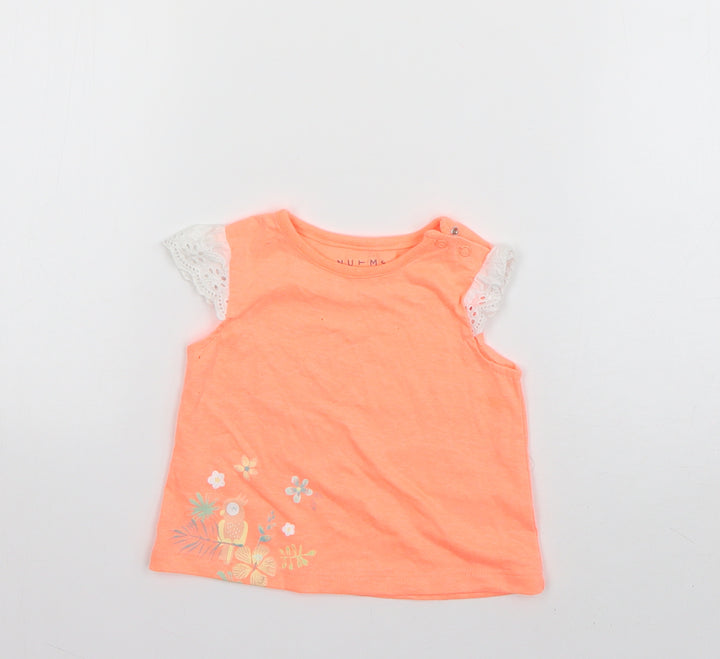 Nutmeg Girls Orange Cotton Basic T-Shirt Size 3-6 Months Round Neck Pullover - Parrot