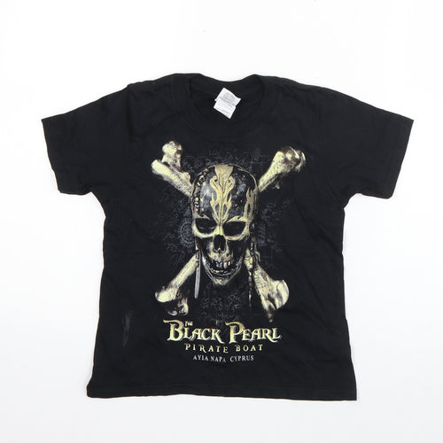 Gildan Girls Black  Cotton Basic T-Shirt Size XS Round Neck Pullover - Black Pearl Pirate Boat