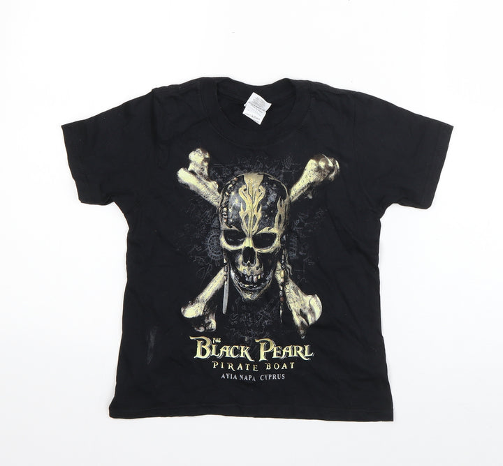 Gildan Girls Black Cotton Basic T-Shirt Size XS Round Neck Pullover - Black Pearl Pirate Boat