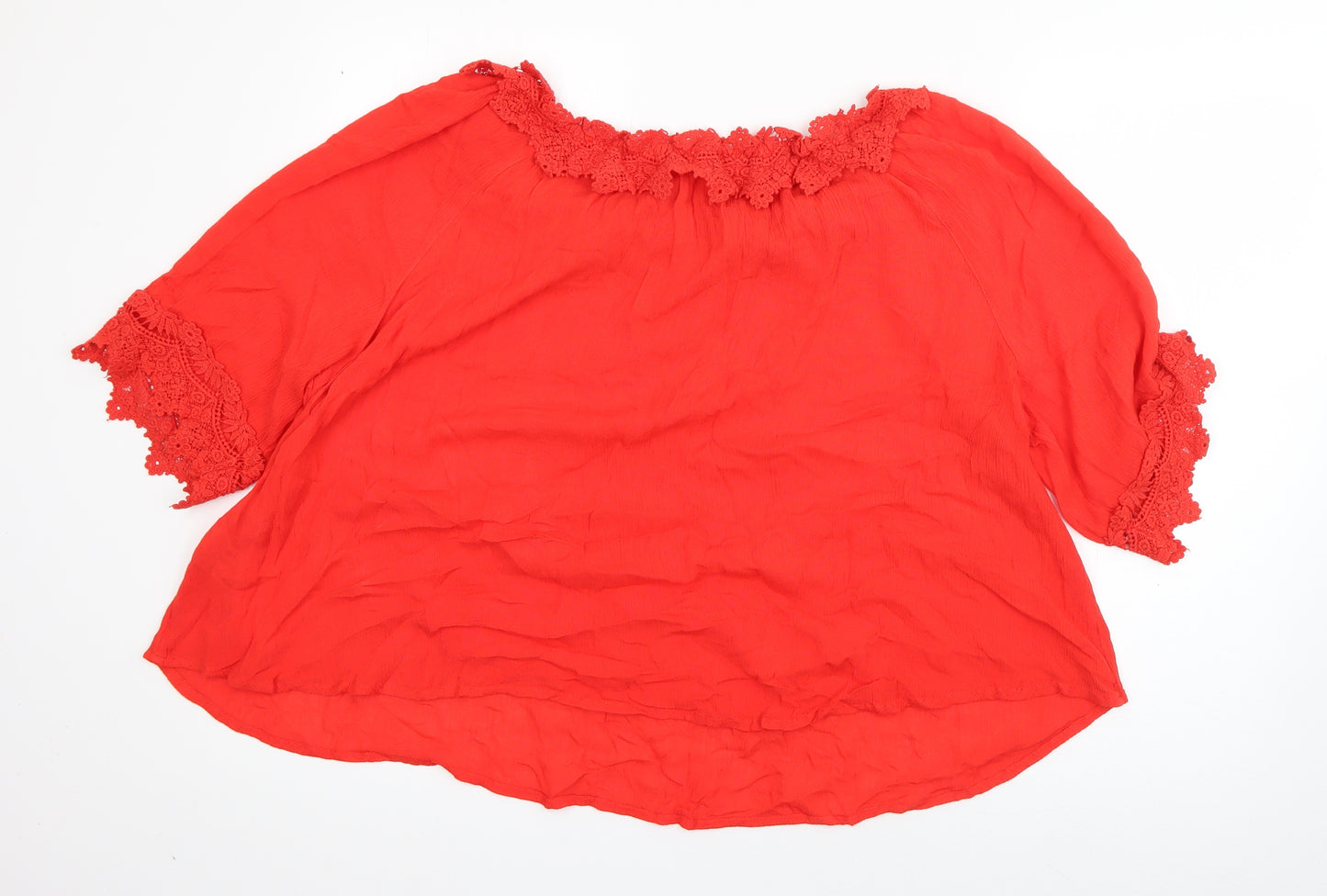 Roman Womens Red  Viscose Basic Blouse Size 14 Boat Neck - Crochet detail