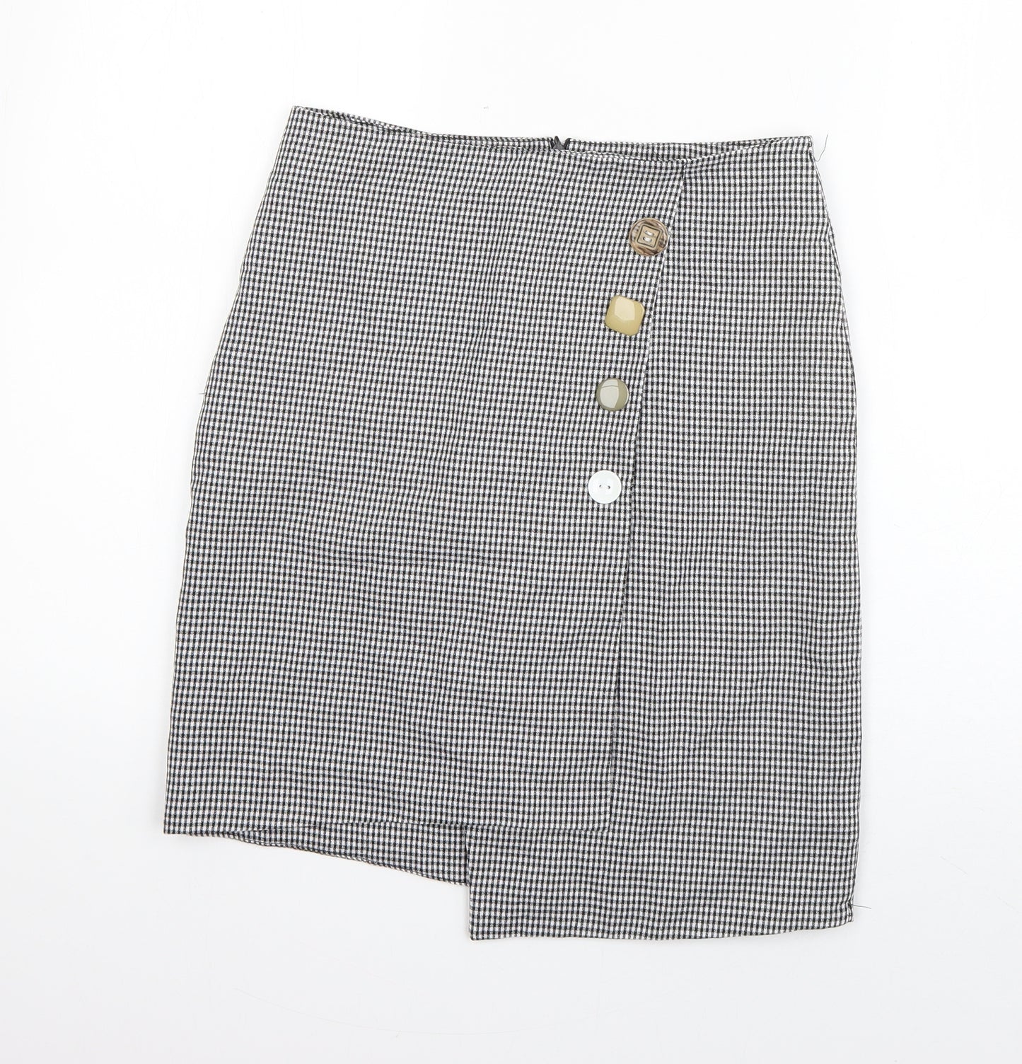 Preworn Womens Black Check Polyester A-Line Skirt Size 28 in   Zip