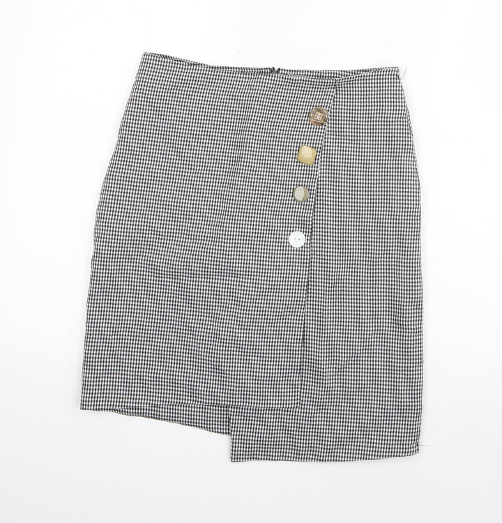 Preworn Womens Black Check Polyester A-Line Skirt Size 28 in   Zip
