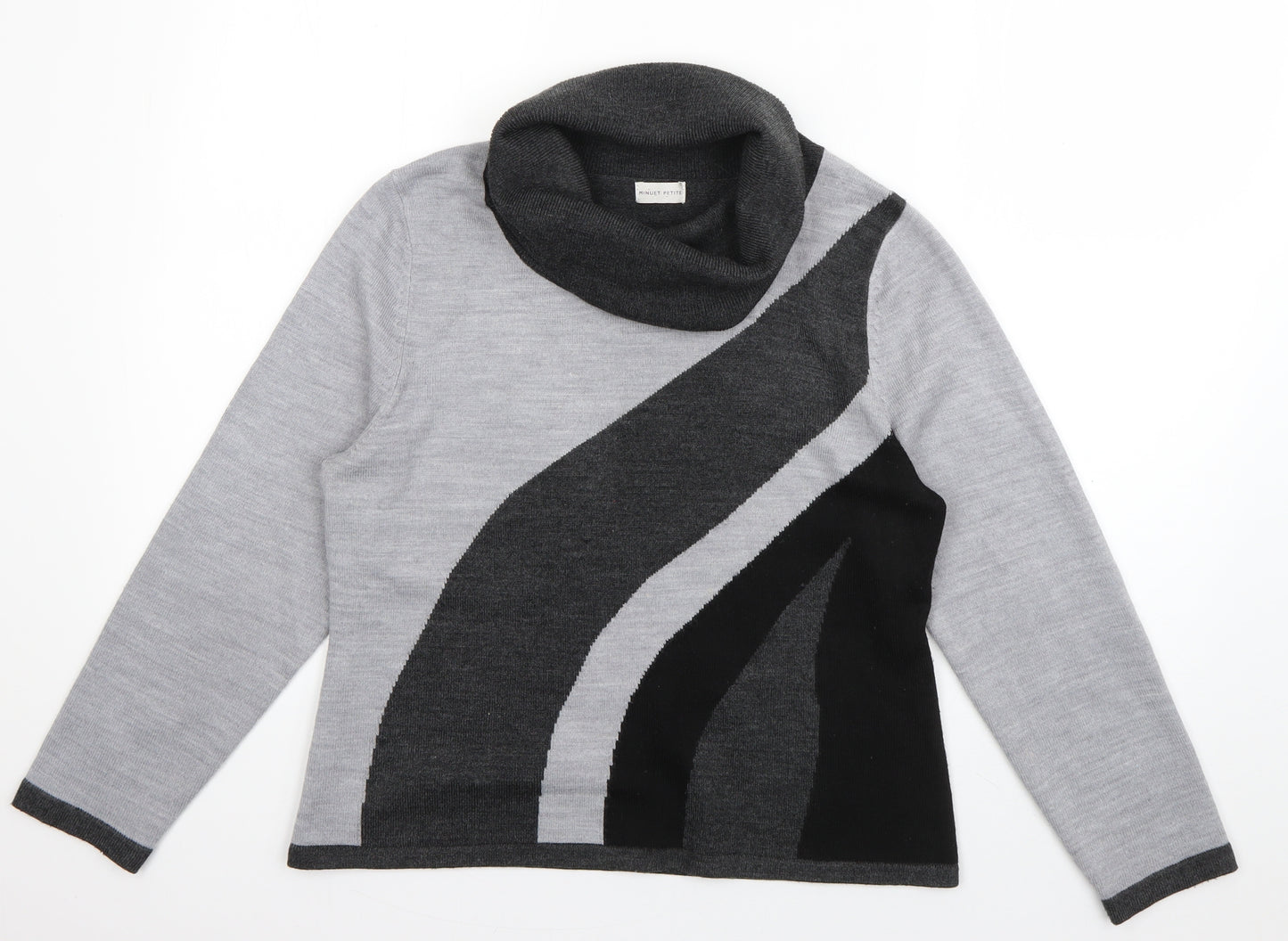 MINUET PETITE Womens Grey Roll Neck Striped Acrylic Pullover Jumper Size 14