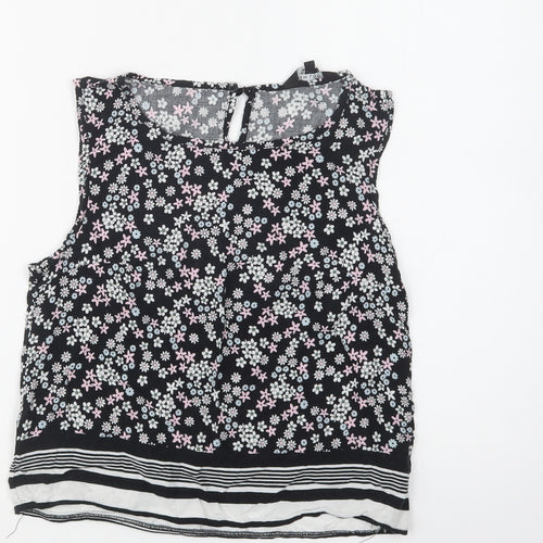 New Look Girls Black Floral Viscose Basic Blouse Size 14 Years Crew Neck Button