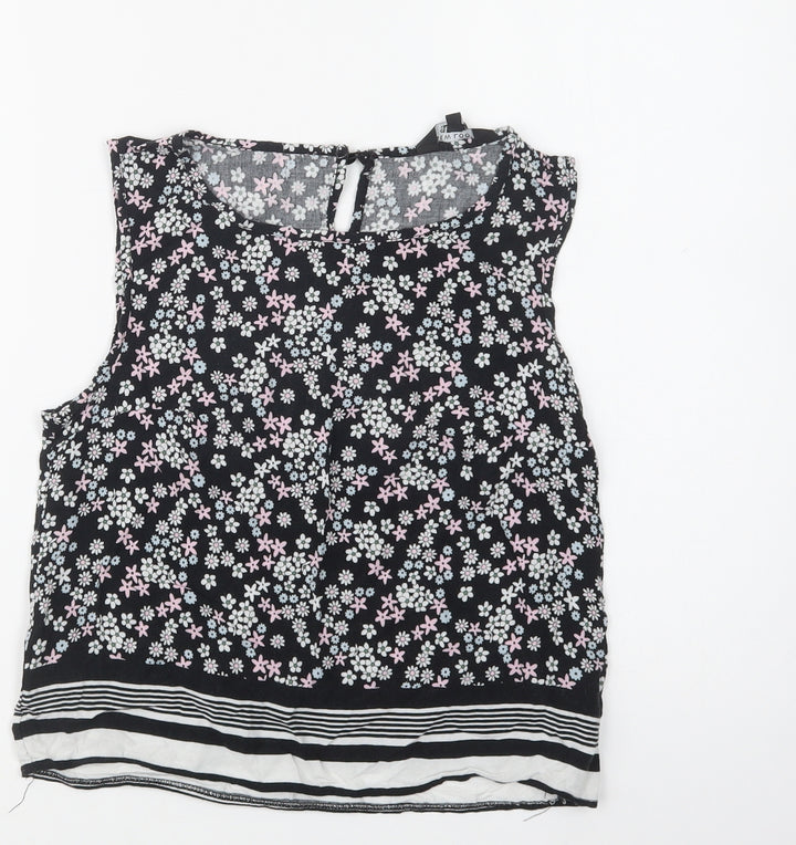 New Look Girls Black Floral Viscose Basic Blouse Size 14 Years Crew Neck Button