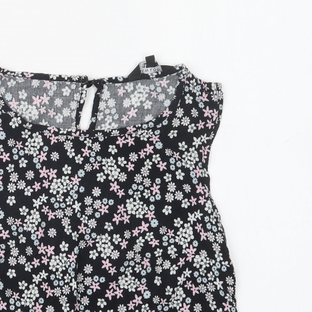 New Look Girls Black Floral Viscose Basic Blouse Size 14 Years Crew Neck Button