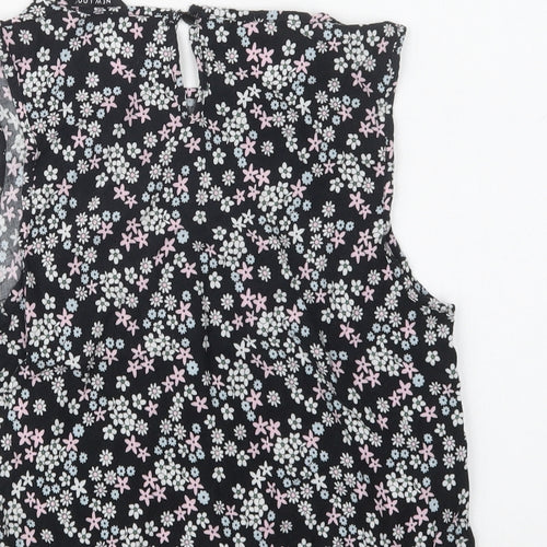 New Look Girls Black Floral Viscose Basic Blouse Size 14 Years Crew Neck Button