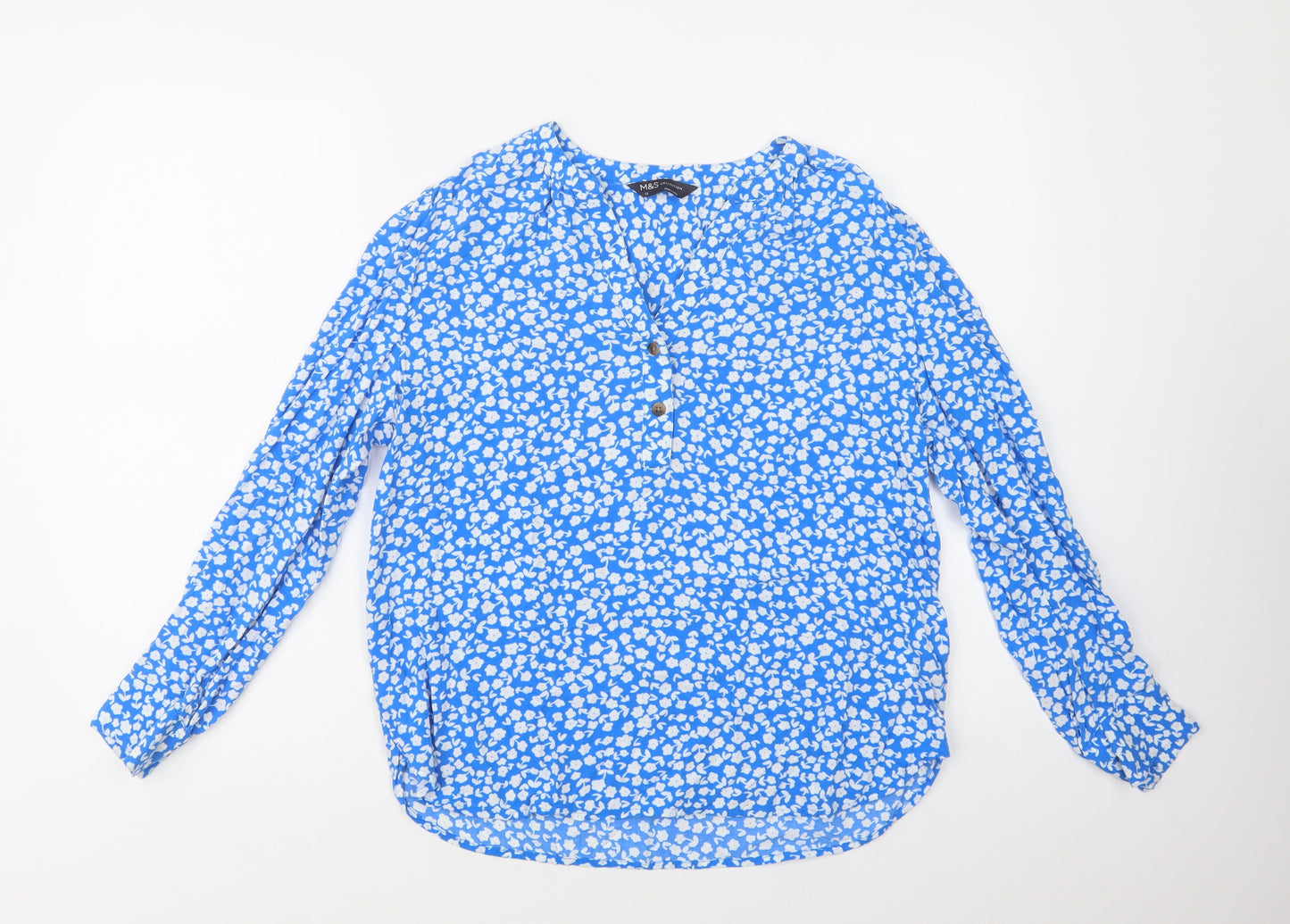M&S Womens Blue Floral Viscose Basic Blouse Size 12 V-Neck