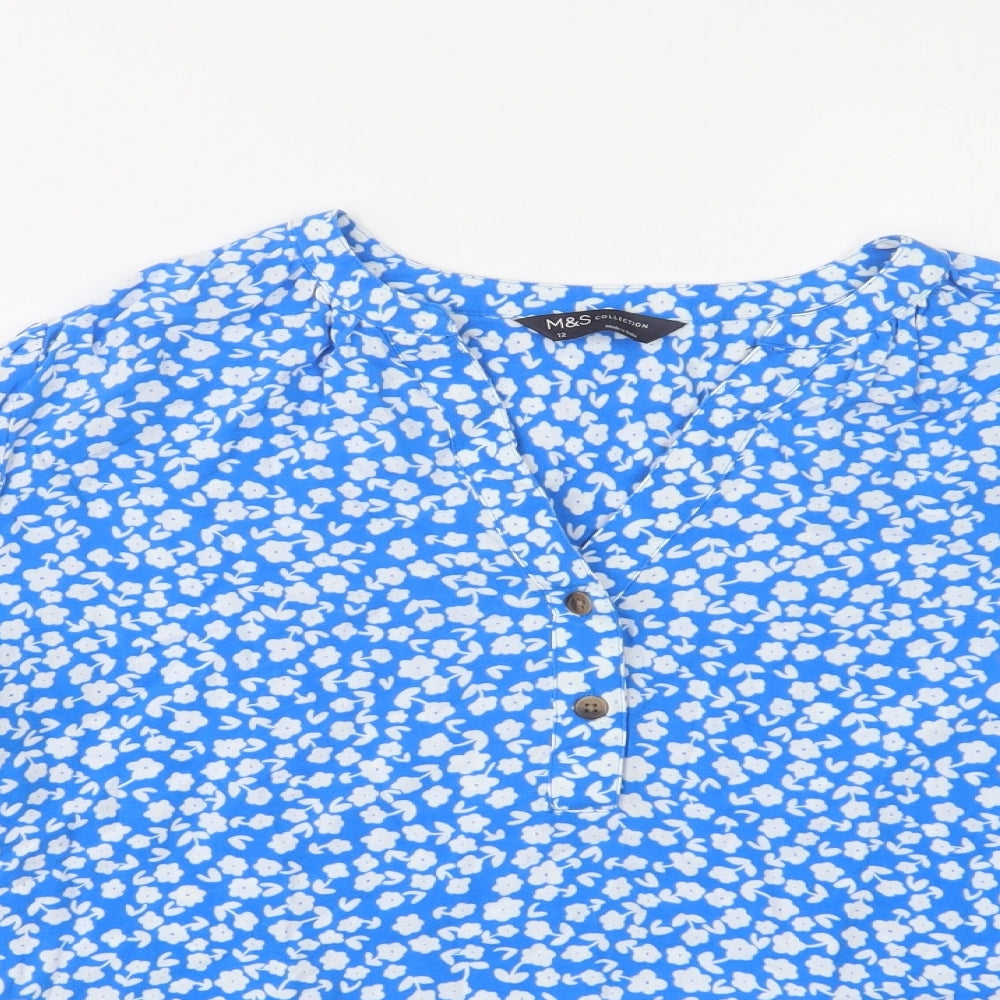 M&S Womens Blue Floral Viscose Basic Blouse Size 12 V-Neck
