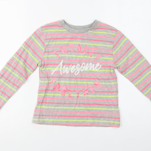 M & Co Girls Grey Striped Cotton Basic Blouse Size 9-10 Years Crew Neck