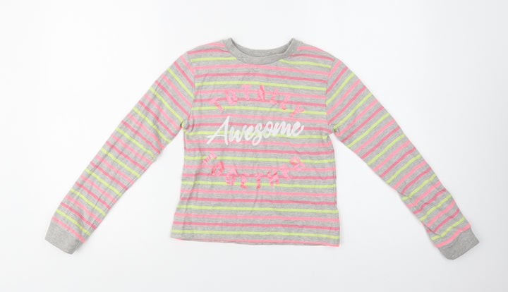 M & Co Girls Grey Striped Cotton Basic Blouse Size 9-10 Years Crew Neck