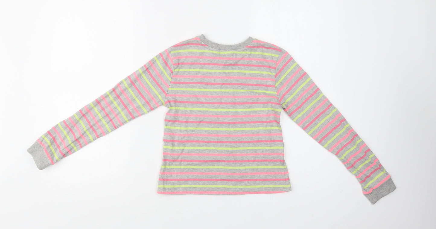 M & Co Girls Grey Striped Cotton Basic Blouse Size 9-10 Years Crew Neck