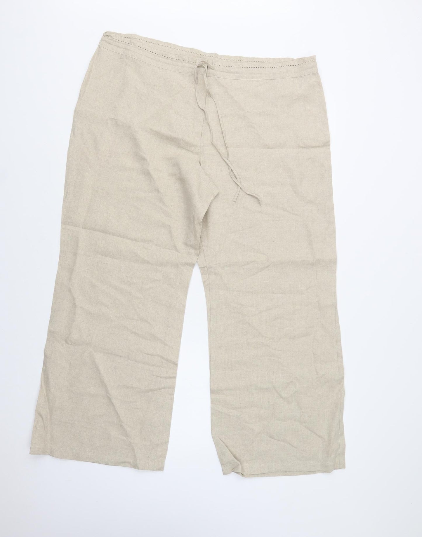 M&S Womens Beige  Linen Trousers  Size 18 L27 in Regular Drawstring