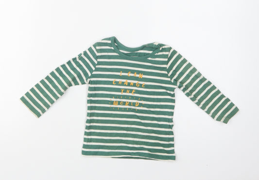 Front view of George Baby Green Striped Cotton Basic Blouse, size 9-12, Months Crew Neck