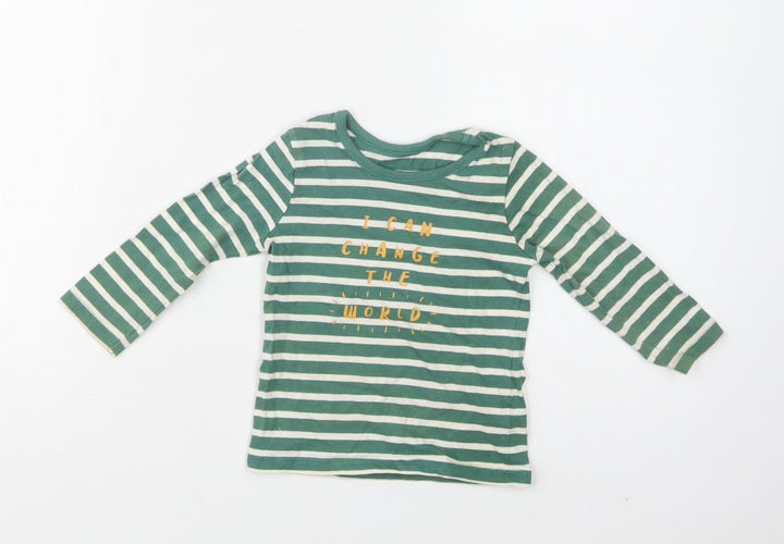 George Baby Green Striped Cotton Basic Blouse Size 9-12 Months Crew Neck