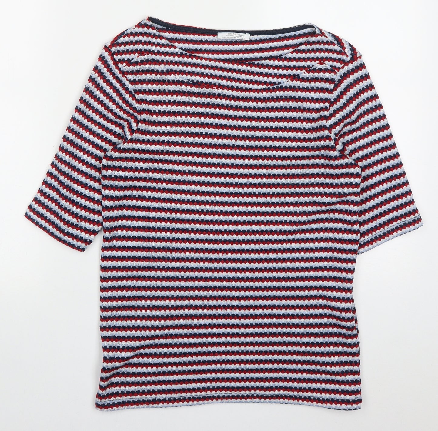 Zara Womens Red Geometric Polyester Basic T-Shirt Size M Off the Shoulder - Blue