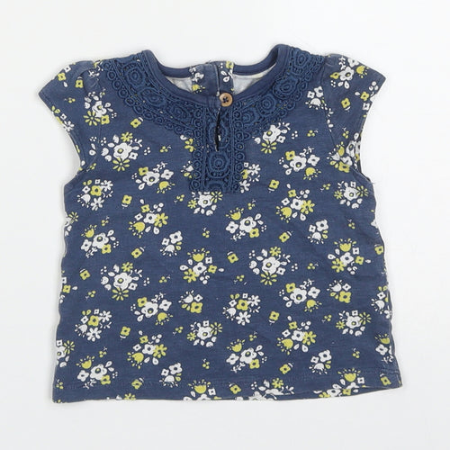 TU Girls Blue Floral Cotton Basic T-Shirt Size 0-3 Months Round Neck Button