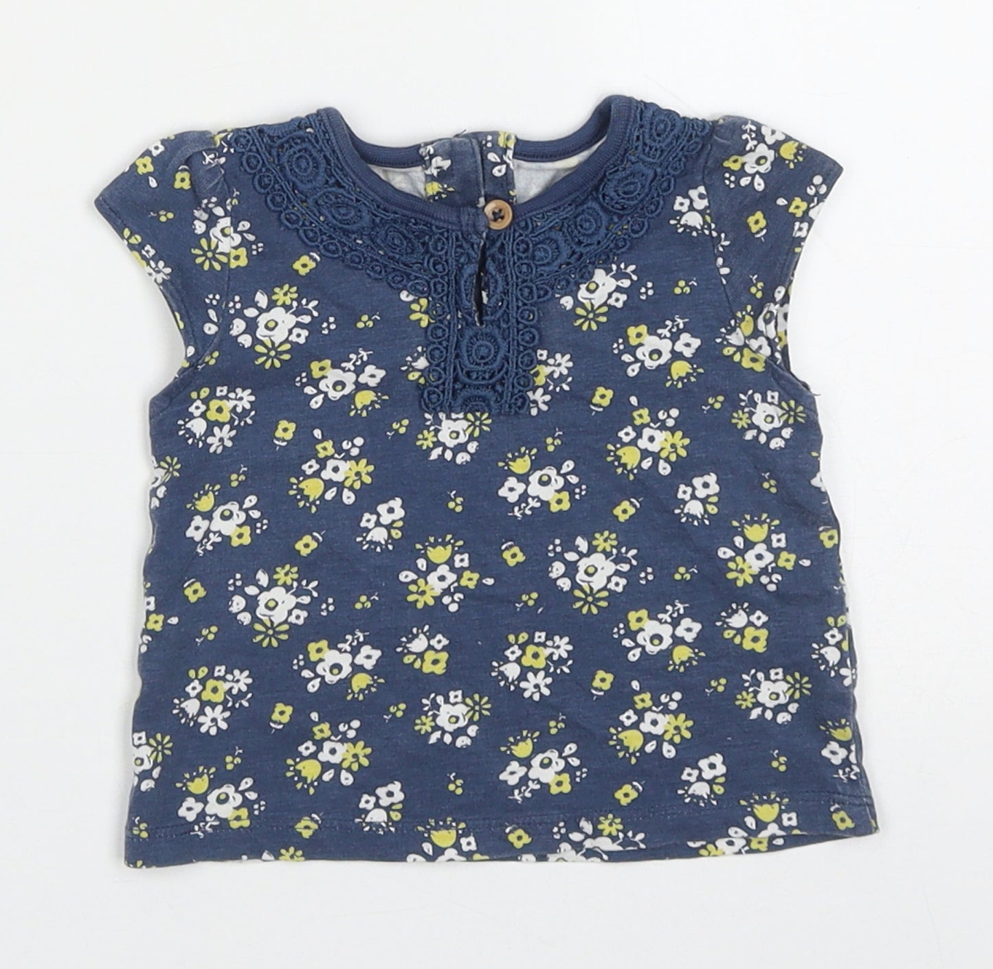 TU Girls Blue Floral Cotton Basic T-Shirt Size 0-3 Months Round Neck Button