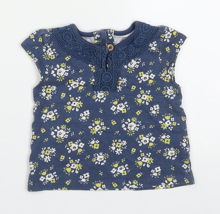 TU Girls Blue Floral Cotton Basic T-Shirt Size 0-3 Months Round Neck Button