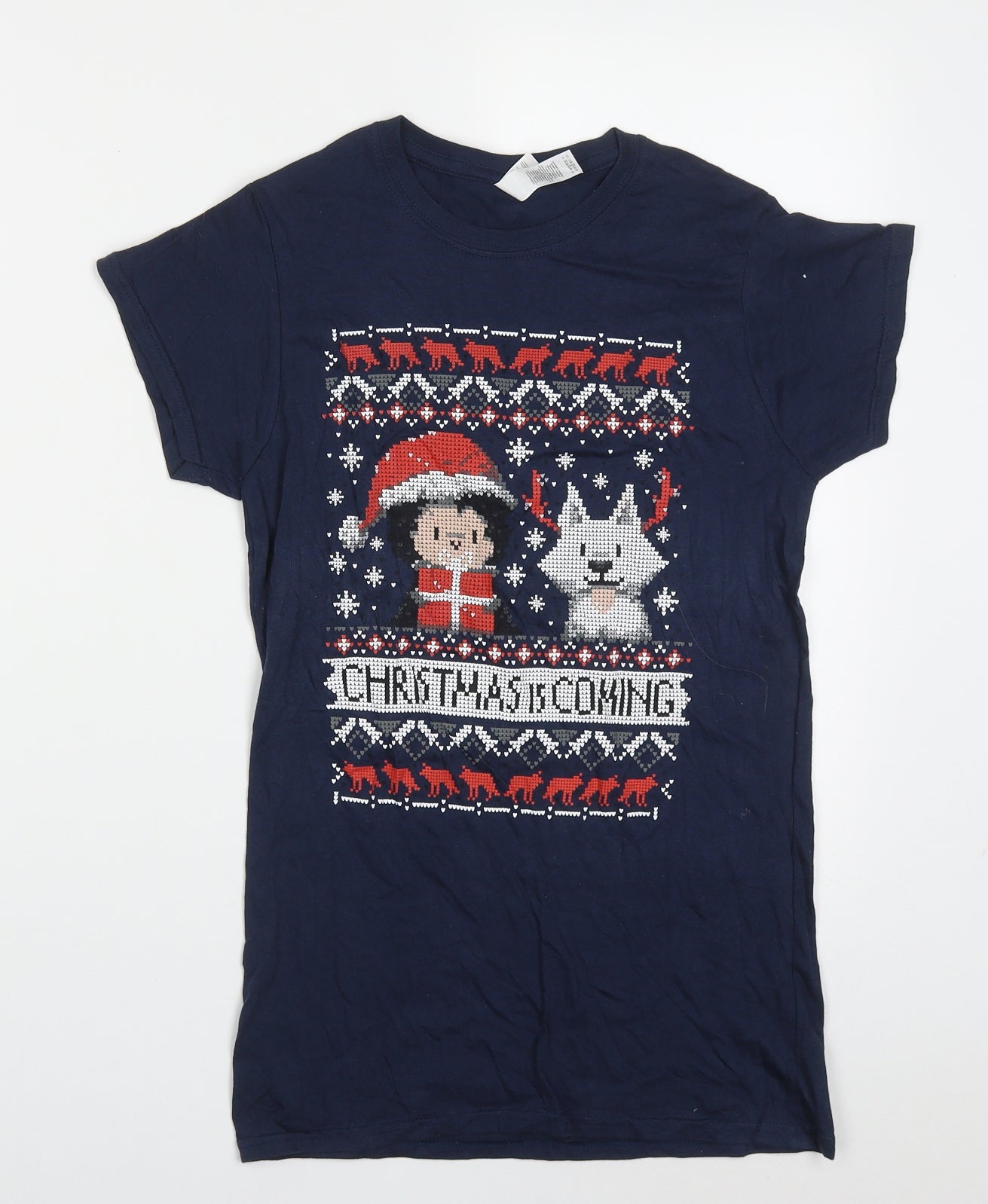 Gildan Womens Blue  Cotton Basic T-Shirt Size M Crew Neck - Christmas is Coming