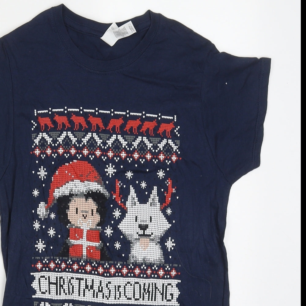 Gildan Womens Blue  Cotton Basic T-Shirt Size M Crew Neck - Christmas is Coming
